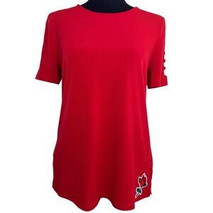 Michael Kors Rosecore Women Small Red Rose Embroidered Patch Shoulder Cutout Top